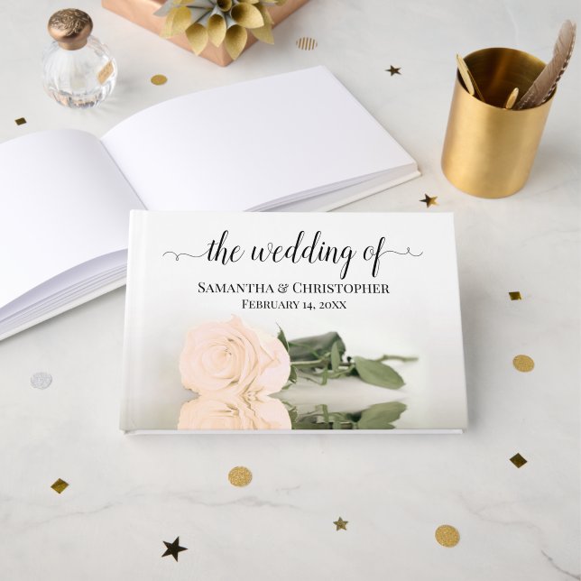 Elegant Long Stemmed Blush Peach Rose Wedding Guest Book (Front Open)