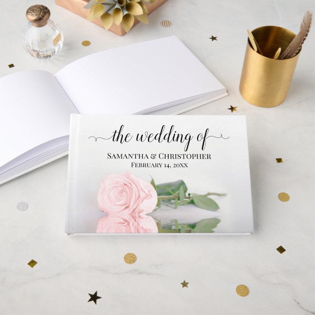 Elegant Long Stemmed Blush Pink Rose Wedding Guest Book (Front Open)