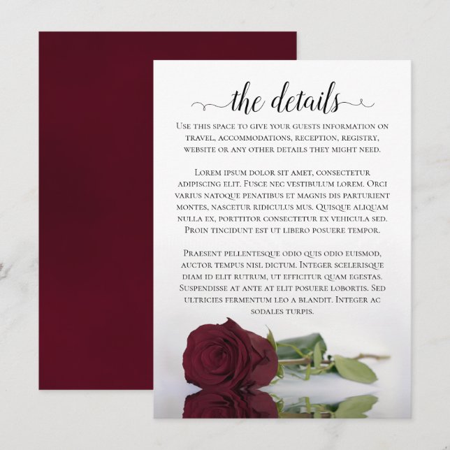 Elegant Long-Stemmed Burgundy Rose Wedding Details Enclosure Card (Front/Back)