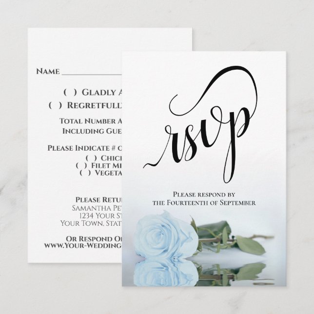 Elegant Long-Stemmed Dusty Blue Rose Wedding RSVP Card (Front/Back)
