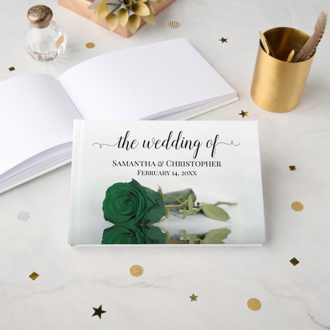 Elegant Long Stemmed Emerald Green Rose Wedding Guest Book (Front Open)