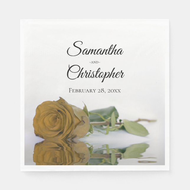 Elegant Long Stemmed Gold Ochre Rose Wedding Napkin (Front)