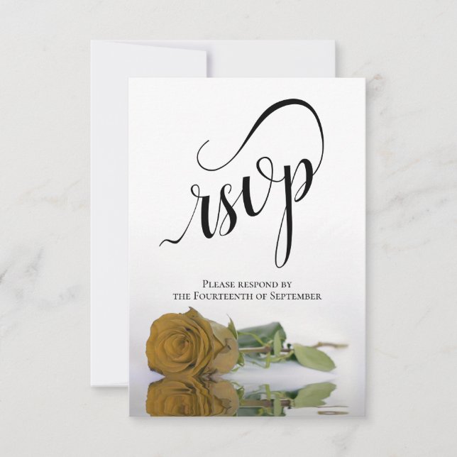 Elegant Long-Stemmed Gold Ochre Rose Wedding RSVP Card (Front)