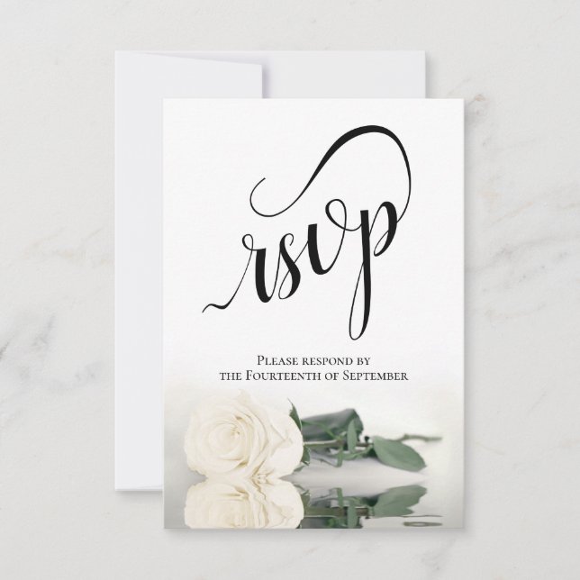 Elegant Long-Stemmed Ivory White Rose Wedding RSVP Card (Front)
