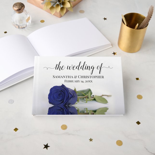 Elegant Long Stemmed Navy Blue Rose Wedding Guest Book (Front Open)