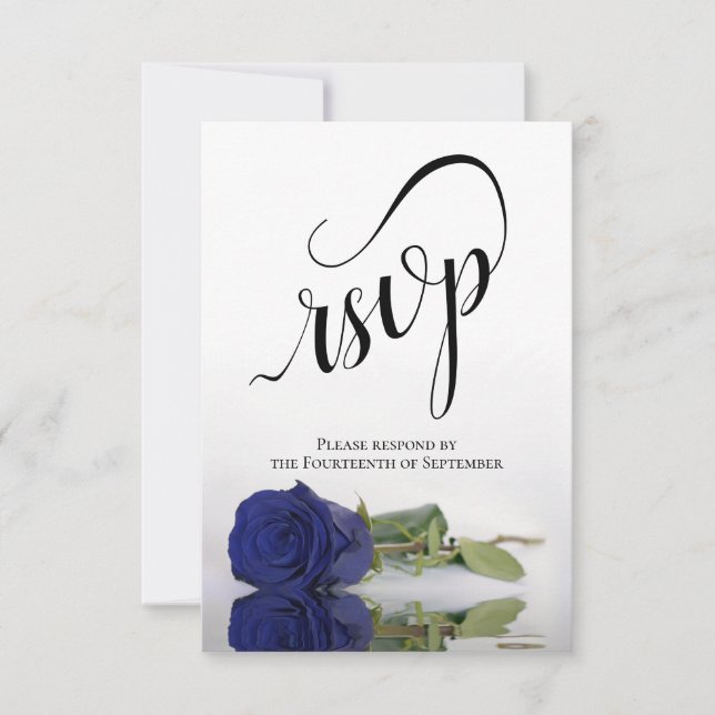 Elegant Long-Stemmed Navy Blue Rose Wedding RSVP Card (Front)