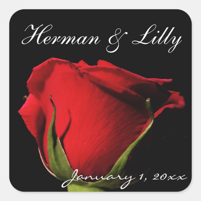 Elegant Long Stemmed Red Rose Personalized Wedding Square Sticker (Front)