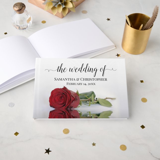 Elegant Long Stemmed Red Rose Romantic Wedding Guest Book (Front Open)