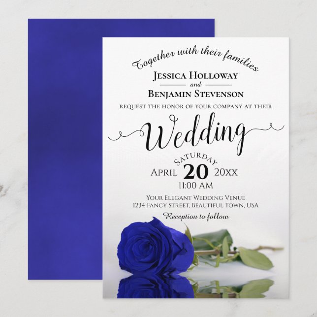 Elegant Long Stemmed Royal Blue Rose Wedding Invitation (Front/Back)
