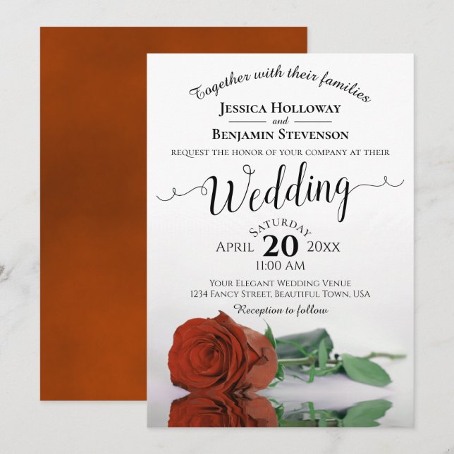 Elegant Long Stemmed Rust Orange Rose Wedding Invitation (Front/Back)