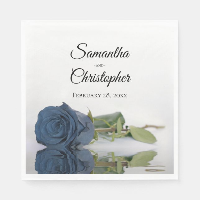 Elegant Long Stemmed Steel Blue Rose Wedding Napkin (Front)