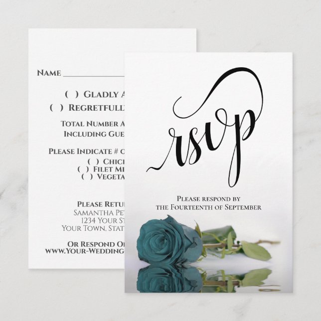 Elegant Long-Stemmed Teal Rose Wedding RSVP Card (Front/Back)