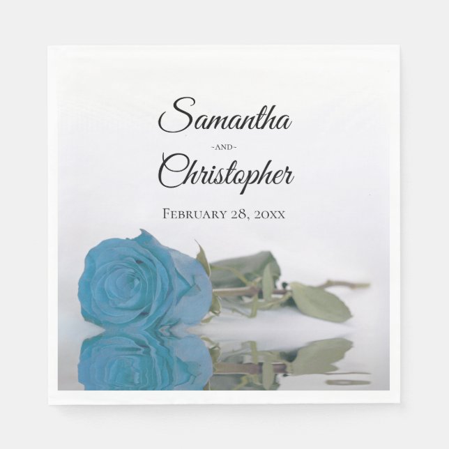 Elegant Long Stemmed Turquoise Blue Rose Wedding Napkin (Front)