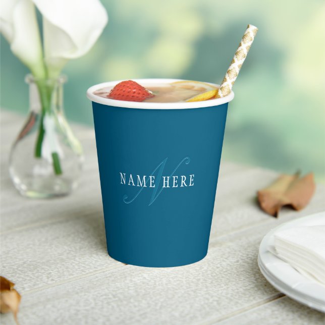 Elegant Looking Monogram | Ocean Blue Paper Cups (Insitu)