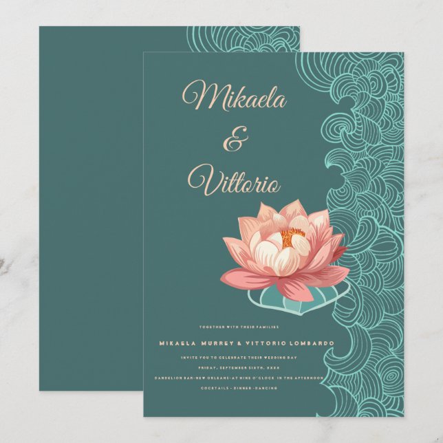 Elégant Lotus De Pêche Sur Faire-part de mariage T (Devant / Derrière)