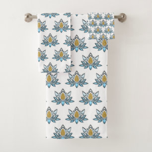 Elegant Lotus Flower Blue Silver Gold Zen Yoga Bath Towel Set