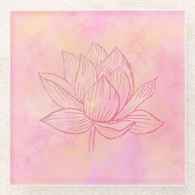Elegant Lotus Flower Illustration Light Pink Art Glass Coaster (Front)