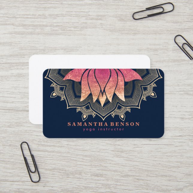 Elegant Lotus Flower Mandala Logo Yoga Instructor  Business Card (Front/Back In Situ)