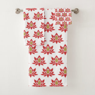 Elegant Lotus Flower Red Gold Zen Yoga Bath Towel Set
