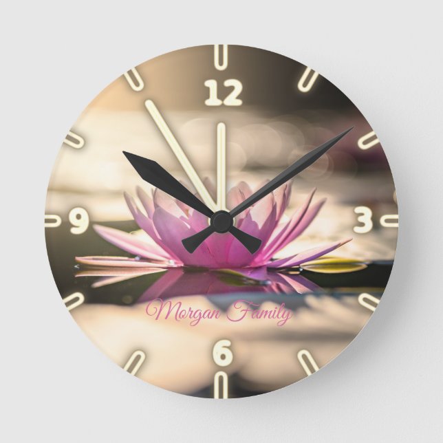 Elegant Lotus Lake Personalized Round Clock (Front)