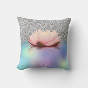 Elegant Lotus Silver Glitter Bokeh Holographic Throw Pillow