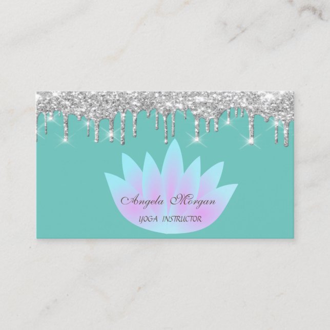 Elegant Lotus Silver Glitter Drips Mint Green Business Card (Front)