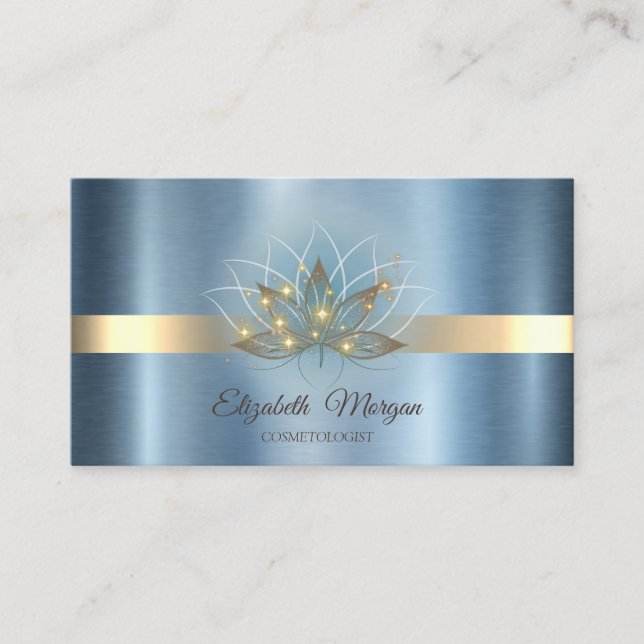 Elegant Lotus Stripe Sparkle Blue Metallic  Business Card (Front)