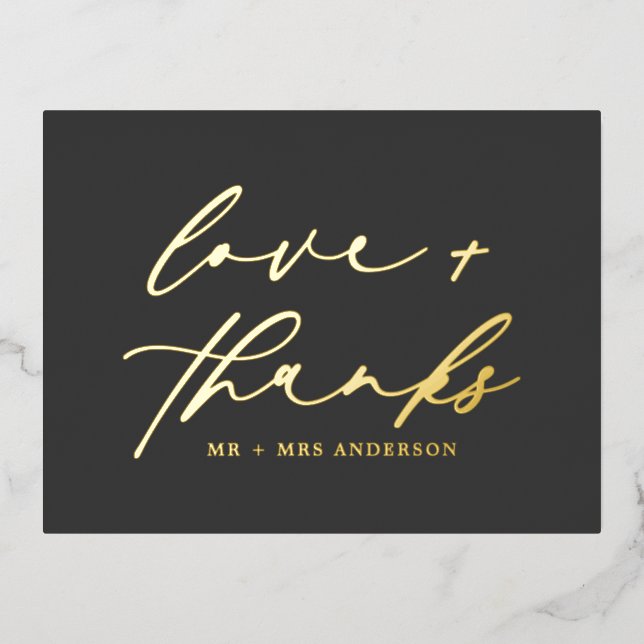 Elegant Love and Thanks Script Wedding Black Gold  Foil Holiday Postcard (Front)