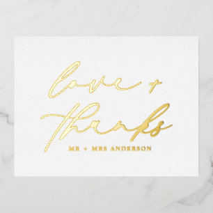Elegant Love and Thanks Script Wedding White Gold Foil Holiday Postcard