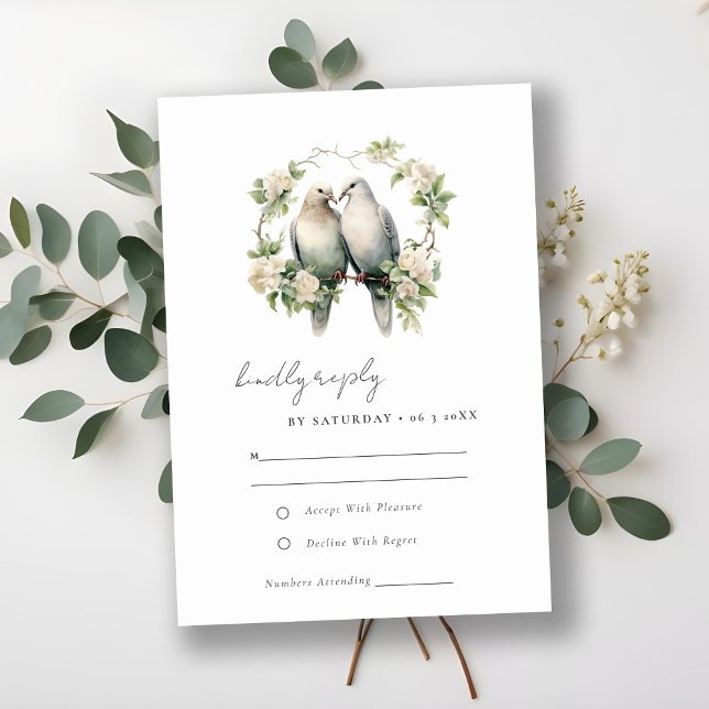 Elegant Love Birds Botanical Wreath Wedding RSVP Card (Creator Uploaded)