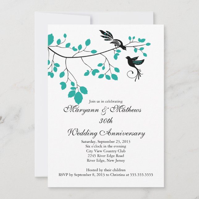 Elegant Love Birds Wedding Anniversary Invitation (Front)