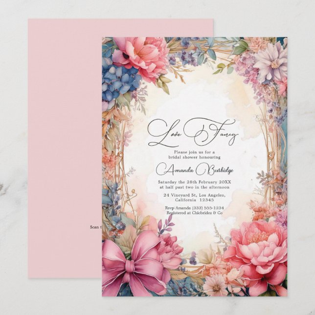 Elegant Love Fancy Floral Bridal Shower QR Code Invitation (Front/Back)