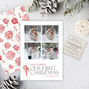 Elegant Love Is Sweet First Christmas Red 4 Photo Holiday Card