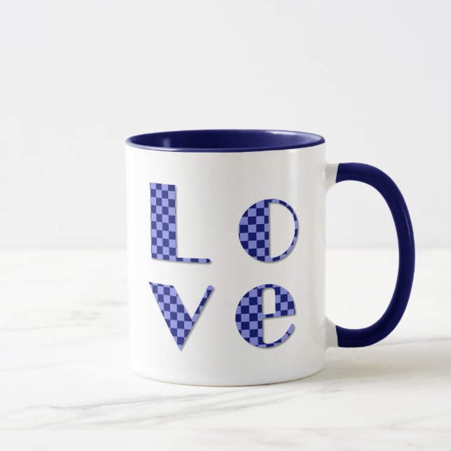 Elegant LOVE Square in Blue Chequered Lettering Mug (Right)