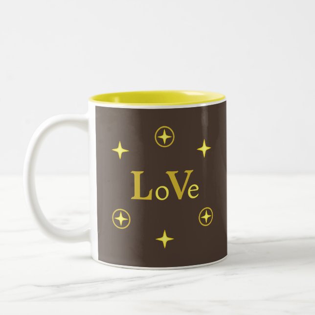 Elegant Love Text and Stars on Brown Coffee Mug (Left)