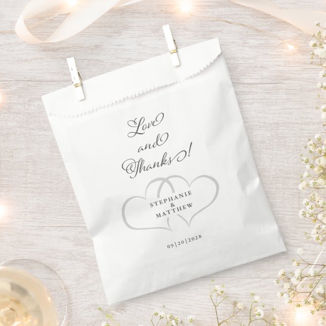 Elegant Love & Thanks Wedding Hearts Chic Grey Favour Bag (Clipped)