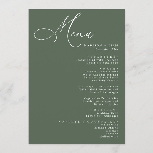 Elegant Lovely calligraphy Wedding green Menu (Front)
