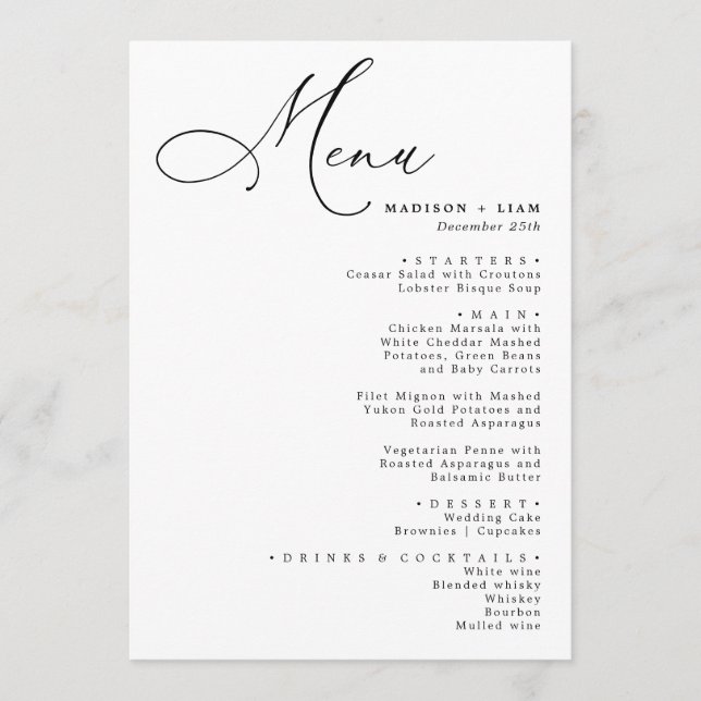 Elegant Lovely calligraphy Wedding Menu  (Front)