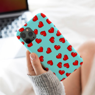 Elegant lovers Red heart pattern on turquoise blue iPhone 13 Pro Max Case