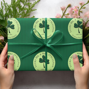 Elegant Lucky Bride and Groom Green Stripes Clover Wrapping Paper
