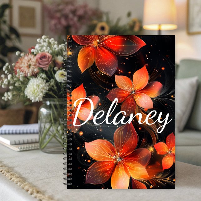 Elegant Luminous Fire Orange Floral (Vibrant orange floral planner with glowing blooms on dark background.)