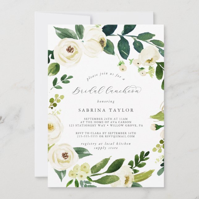 Élégant Luncheon Floral Blanc Invitation (Devant)