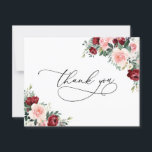 Elegant Lush Burgundy Blush Floral Wedding Thank You Card<br><div class="desc">Designed to coordinate with our Romantic Blooms wedding collection, this customizable Thank You card, features watercolor burgundy and blush florals with greenery leaves and calligraphy script graphic text, paired with a classy serif & modern sans font in black with an option to include a custom message on the back. Matching...</div>