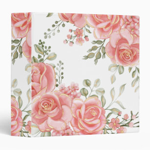 Elegant Lush Pink Floral Gold Trim Watercolor Binder