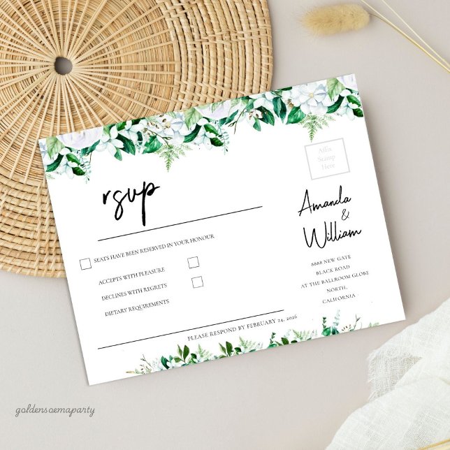 Elegant Lush White Floral and Greenery  RSVP Card (Elegant White Floral and Greenery Wedding rsvp)