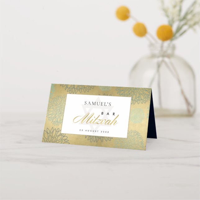 ELEGANT LUX NAVY GOLD DAHLIA FLORA BAR BAT MITZVAH PLACE CARD (Back)