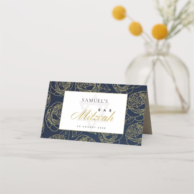 ELEGANT LUX NAVY GOLD ROSE FLORAL BAR BAT MITZVAH PLACE CARD (Back)