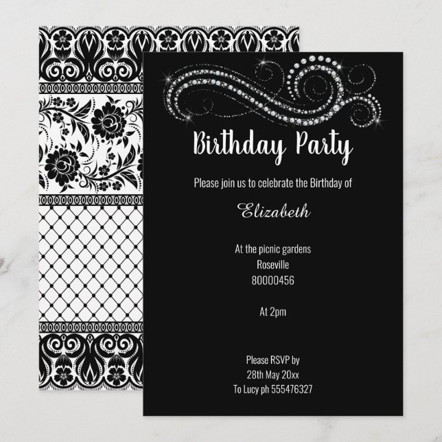 ELEGANT LUXE BLACK LACE DIAMOND  INVITATION (Front/Back)