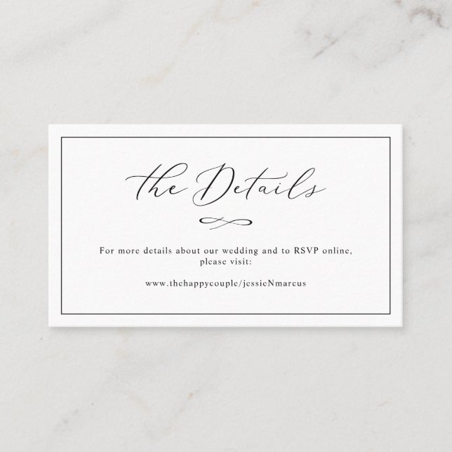 Elegant Luxe Calligraphy Wedding Details Business Card (Front)