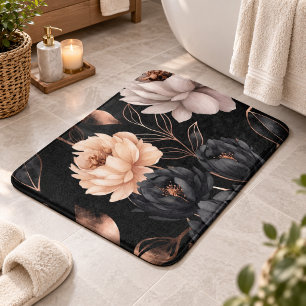 Elegant Luxe Midnight Floral Gold Roses Pattern  Bath Mat